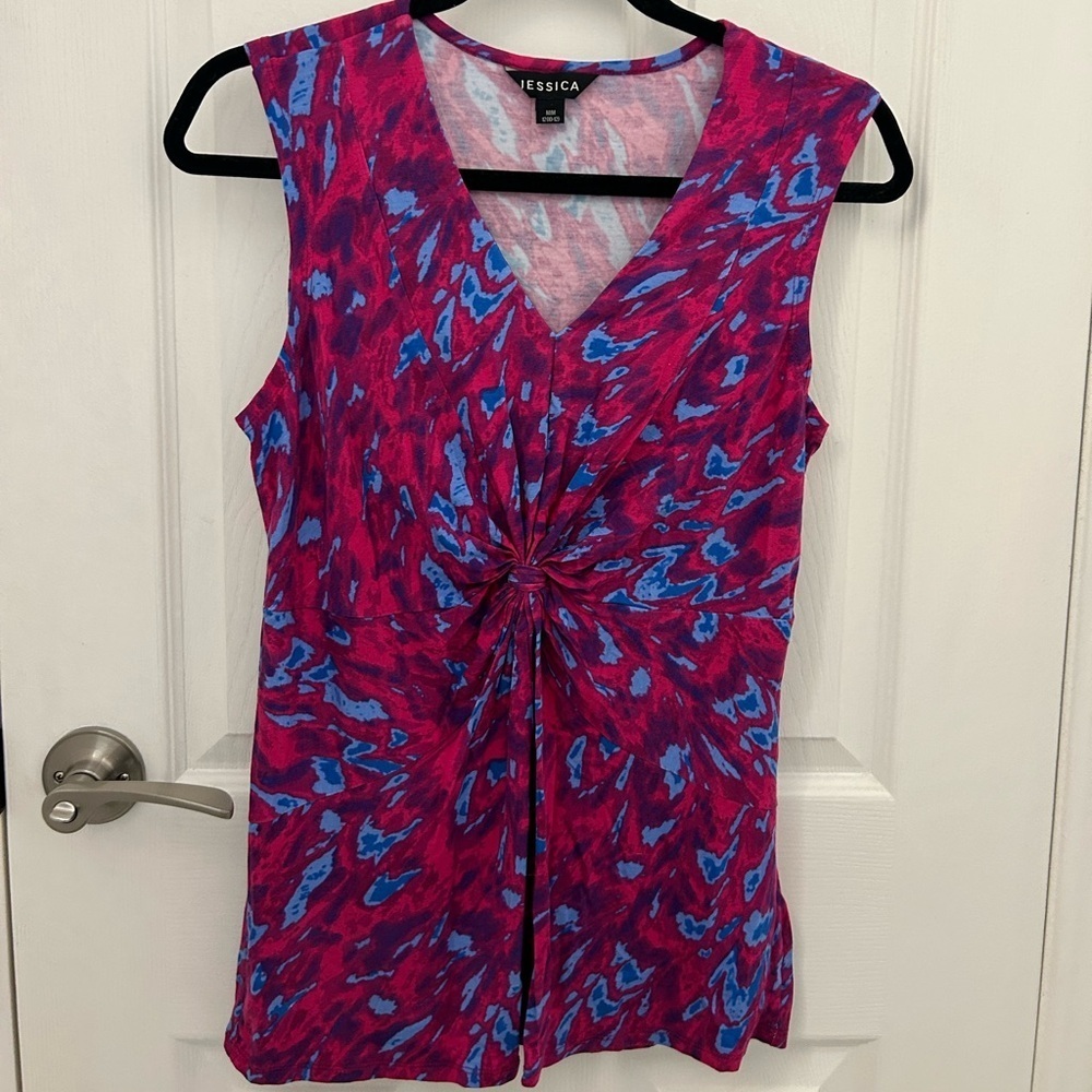 Pink and Blue V-Neck Top with Twist-Knot Detail, Sz M